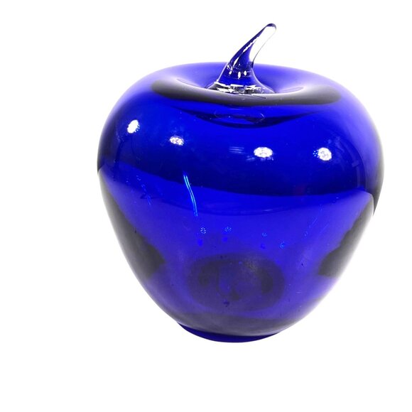 Vtg Blenko Handblown Cobalt Blue Glass Apple Paperweight Clear Applied Stem MCM - Picture 3 of 8